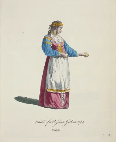 Ruské dívčí šaty z roku 1764. Fille Russe., Charles Grignion