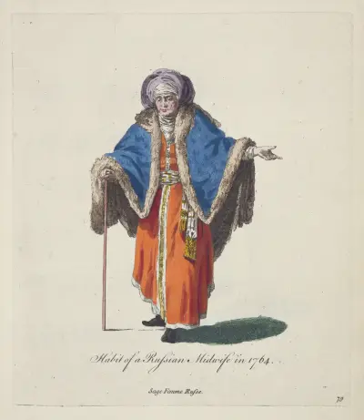 Habit of a Russian midwife in 1764. Sage femme Russe. av Charles Grignion