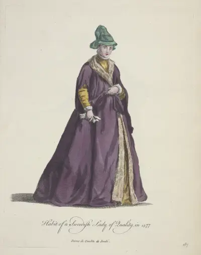 Dräkt från 1577 för en svensk adelsdam. Dame de qualite de Suedé. av Charles Grignion