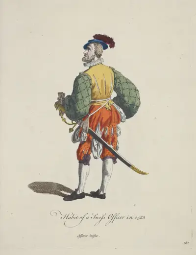 Tracht eines Schweizer Offiziers im Jahr 1588 von Charles Grignion