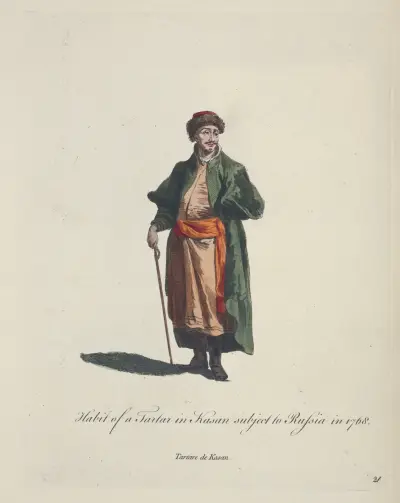 Kroj Tatara z Kazaně poddaného Rusku v roce 1768. Tartare de Kasan, Charles Grignion