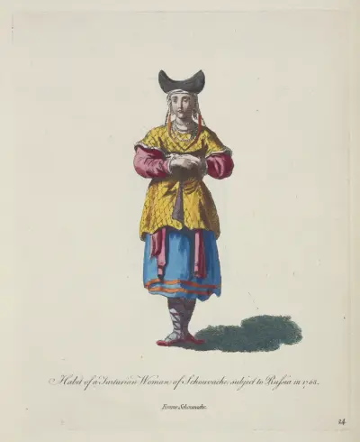 Tracht einer tatarischen Frau aus Schouvache im Russland von 1768 von Charles Grignion