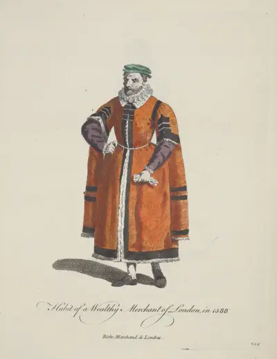 Habit of a wealthy merchant of London in 1588. Riche marchand de Londres. av Charles Grignion