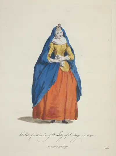 Kvinna av kvalitet från Köln 1640. Demoiselle de Cologne. av Charles Grignion