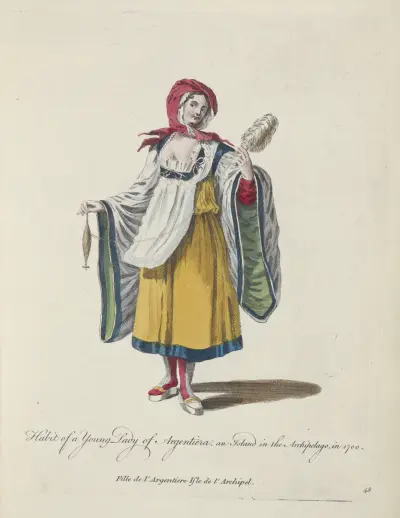 Kroj mladé dámy z Argentiery na ostrově v souostroví v roce 1700, Charles Grignion