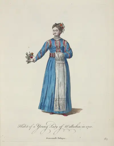 Tracht einer jungen Dame aus der Walachei im Jahr 1700. Demoiselle Valaque. von Charles Grignion