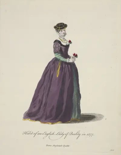 Habit of an English lady of quality in 1577. Dame Angloisede qualitie. av Charles Grignion
