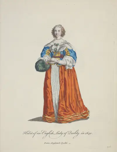Habit of an English lady of quality in 1640. Dame Angloisede qualité. av Charles Grignion
