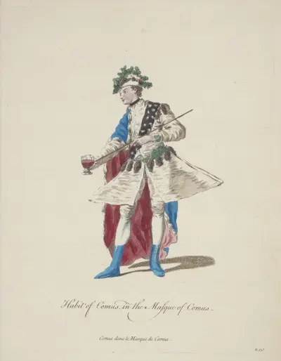 Habit of Comus in the Masque of Comus. Comus dans le Masque de Comus. av Charles Grignion
