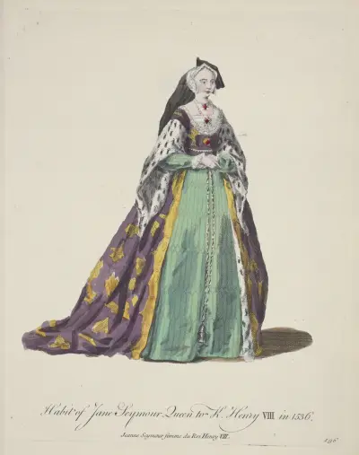 Habit of Jane Seymour queen to King Henry VIII in 1536. Jeanne Seymour femme du Roi Henry VIII. av Charles Grignion