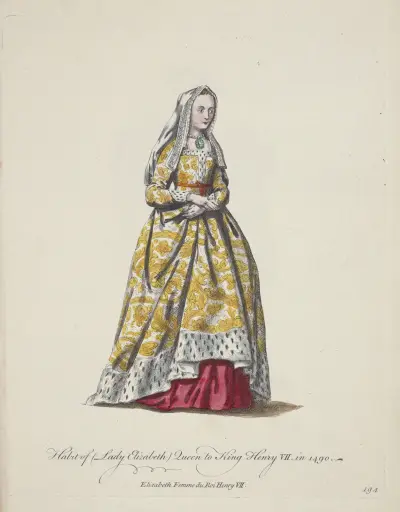 Habit of Lady Elizabeth queen to King Henry VII in 1490. Elizabeth femme du roi Henry VII. av Charles Grignion