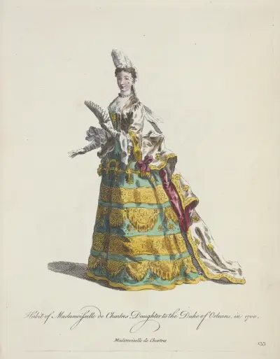 Habit der Mademoiselle de Chartres, Tochter des Herzogs von Orléans, im Jahr 1700. Mademoiselle de Chartres von Charles Grignion