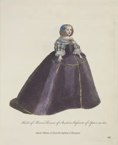 Habit of Maria Theresa of Austria Infanta of Spain in 1660. Marie Thérese d’Autriche Infante d’Espagne. av Charles Grignion