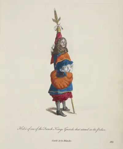 Dräkt för en av den franske kungens garde som tjänstgör i palatset. Garde de la manche. av Charles Grignion