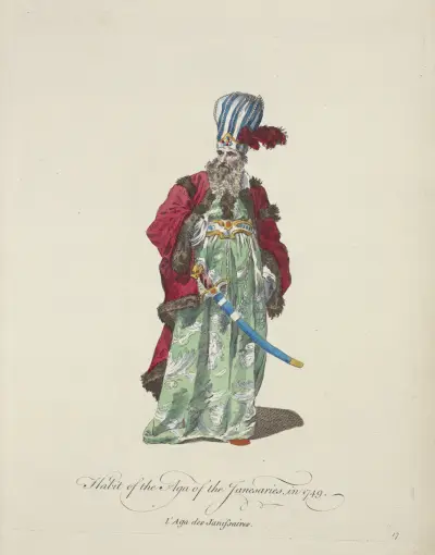 Oblek pro janičářského agu v roce 1749. L'aga des Janissaires, Charles Grignion