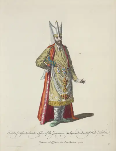 Kroj Ast-chi-Bachiho, důstojníka janičárů a dozorce jejich kuchyně. Kuchař a důstojník janičárů 1700, Charles Grignion