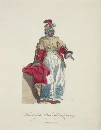 Oděv černé sultánky v roce 1749. Sultane noire, Charles Grignion