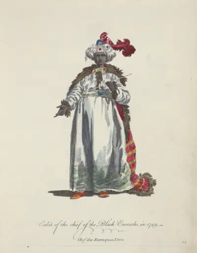 Oblečení vrchního černého eunucha v roce 1749. Chef des eunuques noirs, Charles Grignion