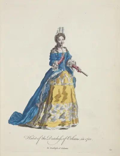 Oděv vévodkyně Orleánské z roku 1700. La Duchesse d'Orléans, Charles Grignion