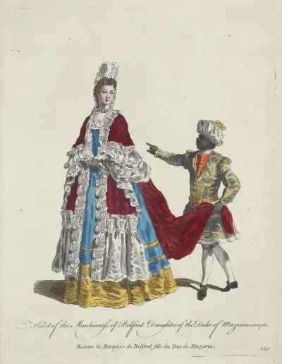 Oděv markýzy z Belfontu, dcery vévody z Mazarinu, roku 1700, Charles Grignion