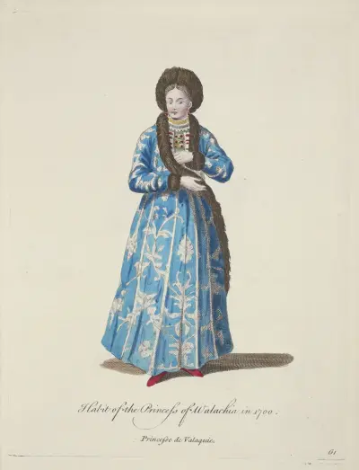Oblek valašské princezny z roku 1700. Princess de Valaquie, Charles Grignion