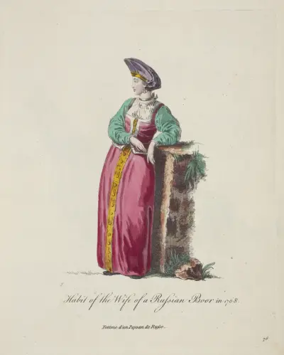 Habit of the wife of a Russian boor in 1768. Femme d’un paysan de Russe. av Charles Grignion