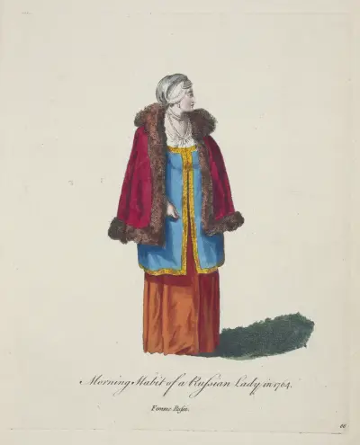Ruská dáma v ranním úboru roku 1764. Femme Russe, Charles Grignion