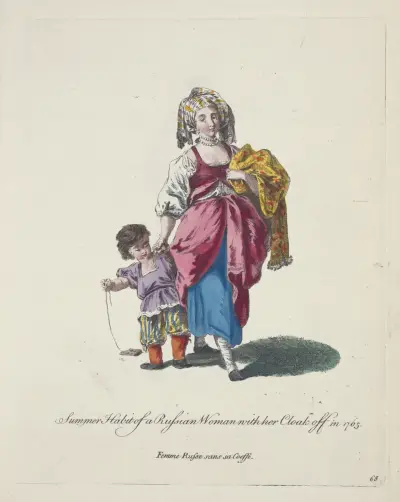 Ruská žena v letním oděvu, plášť svlečený, 1765. Femme Russe sans sa coesse, Charles Grignion