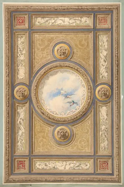 Design för ett snidat och målat tak med moln och ankor i den centrala runda panelen av Jules-Edmond-Charles Lachaise