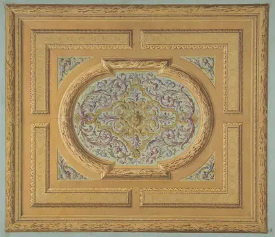 Design for a ceiling decorated with bands of oak leaves and a central panel of scrolls and rinceaux av Jules-Edmond-Charles Lachaise