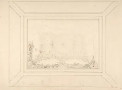 Takutsmyckning med spaljéverk och trompe l'œil-balustrad av Jules-Edmond-Charles Lachaise
