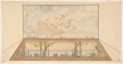 Förlaga till takmålning med trompe l'oeil-markis och putti i moln (1800-talet) av Jules-Edmond-Charles Lachaise