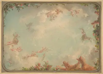 Design for a ceiling painted with putti in clouds with roses av Jules-Edmond-Charles Lachaise