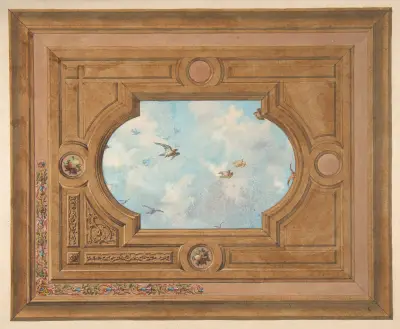 Takdekor med fåglar och trompe l'oeil-himmel av Jules-Edmond-Charles Lachaise