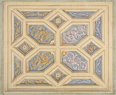 Design for a coffered ceiling decorated with rinceaux av Jules-Edmond-Charles Lachaise