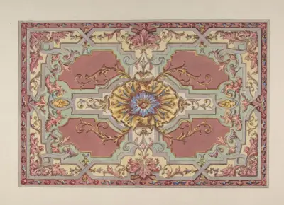 Design för ett målat tak med bandverk och lövverk på rosa botten av Jules-Edmond-Charles Lachaise