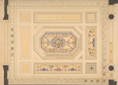 Förlaga till kassettak med putti, fåglar och blomstermotiv av Jules-Edmond-Charles Lachaise