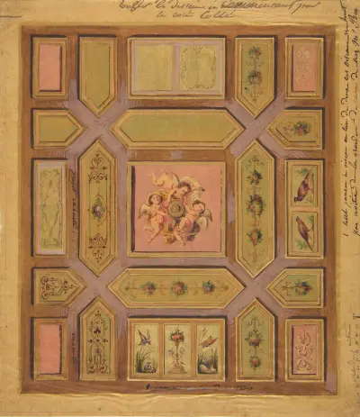 Design for a paneled ceiling painted with putti, birds, and floral motifs on tracing paper; mounted on wove paper av Jules-Edmond-Charles Lachaise