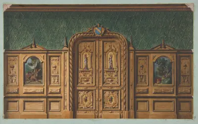 Design för ett rum med träpaneler med målningar och en rikt snidad pardörr av Jules-Edmond-Charles Lachaise