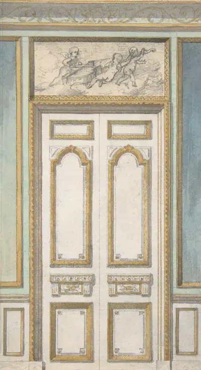 Design för enkeldörr och överdörrspanel med amorer som bär en violin (1800-talet) av Jules-Edmond-Charles Lachaise