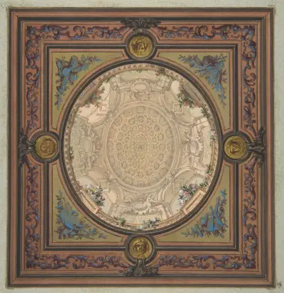 Takutsmyckning med trompe l'oeil-målad kassettkupol av Jules-Edmond-Charles Lachaise