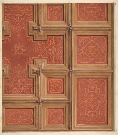 Design för dekoration av kassettak med namnet ’Racine’ och sammanflätade bokstäver av Jules-Edmond-Charles Lachaise