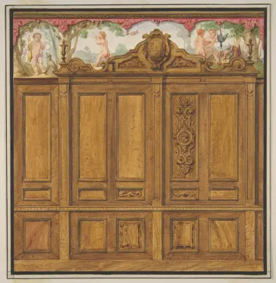 Design för dekoration av ett rum med ett stort träpanelat skåp krönt av monogrammet H av Jules-Edmond-Charles Lachaise
