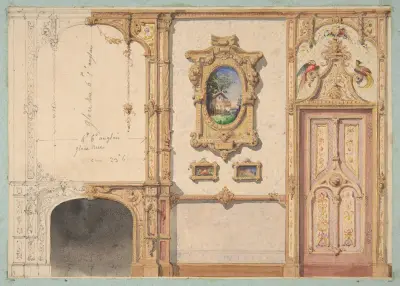 Design for the decoration of a wall punctuated by a fireplace and a door and hung with gold-framed pictures av Jules-Edmond-Charles Lachaise