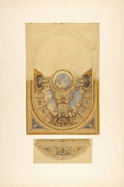 Design för dekoration av ett ovalt tak med putti och girlanger; med en detalj av en lunett av Jules-Edmond-Charles Lachaise