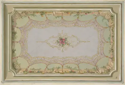 Design för målad takdekor med trompe l'oeil-baldakin och rosor av Jules-Edmond-Charles Lachaise