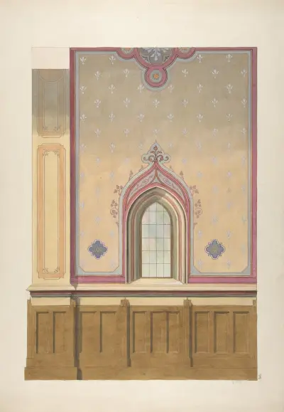Design för målad väggdekor med välvd fönsteröppning av Jules-Edmond-Charles Lachaise