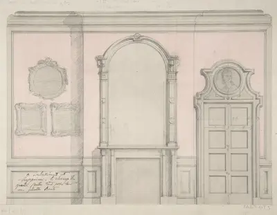 Förslag till utsmyckning av spiselkrans och intilliggande dörr av Jules-Edmond-Charles Lachaise