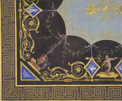 Mönster för tapet med romersk nyckelbård, rinceaux och medaljonger av Jules-Edmond-Charles Lachaise