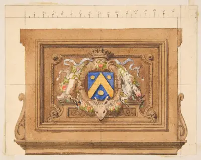 Design av en dekorativ panel med jaktbyten, sköld och krona av Jules-Edmond-Charles Lachaise